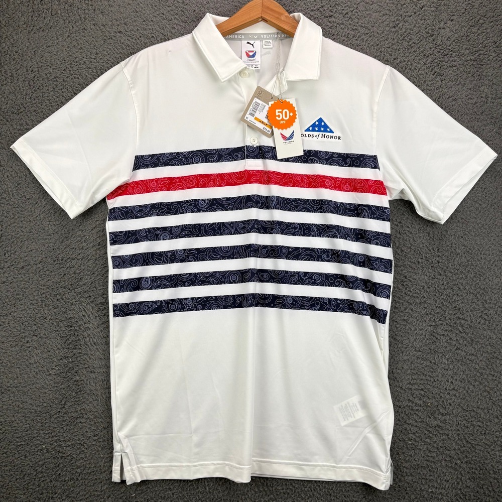 Puma Volition Paisley Stripe Polo Mens Small White Ski Patrol 533026 01 NWT